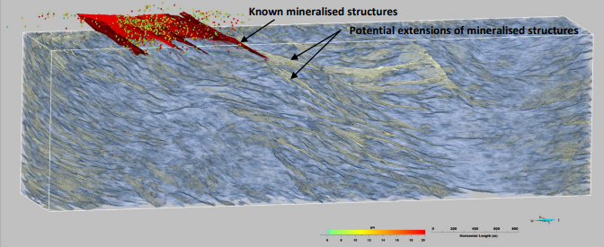 3D seismic fault model showing mineralised wireframes